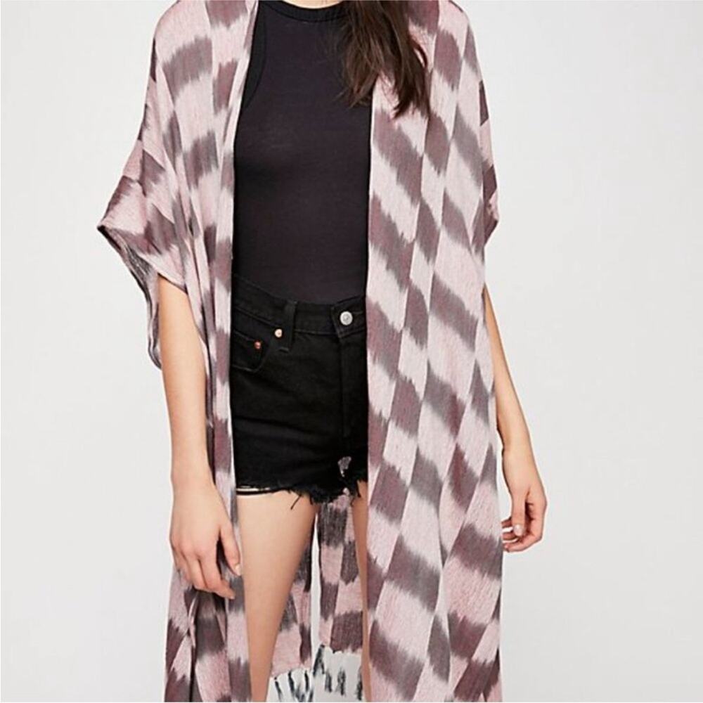 Free People Morning Glow Kimono Fringe Check Print One Size